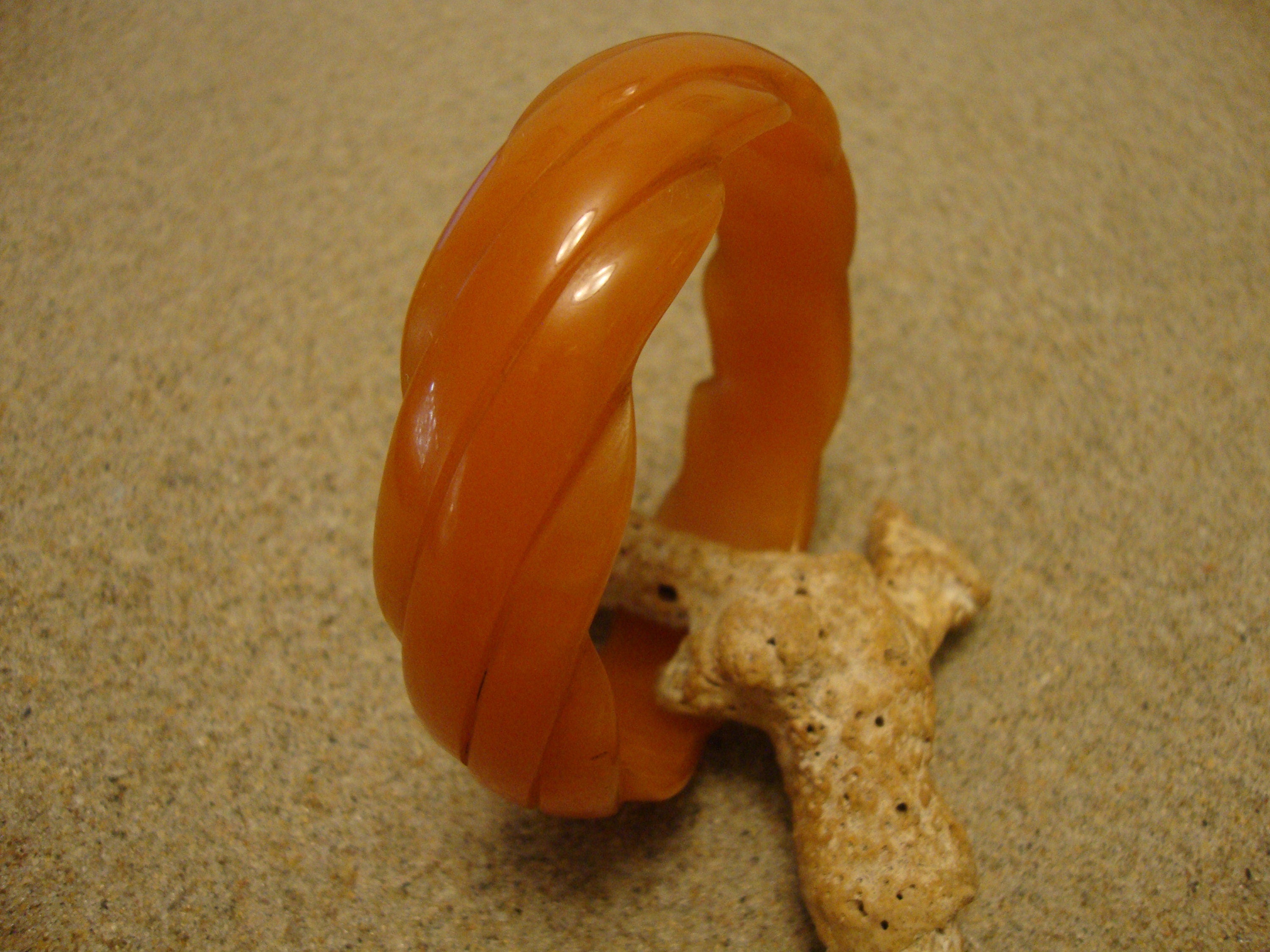 Vintage Semi Translucent Tangerine Bakelite Bracelet w/ Diagonal Slash Carvings!