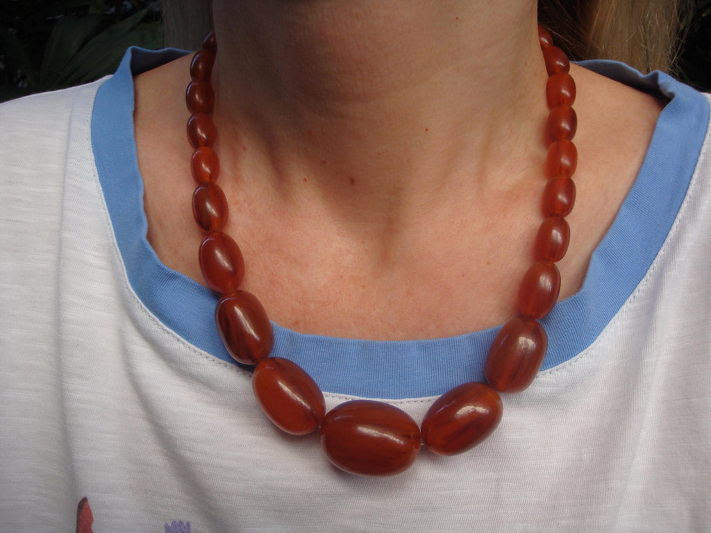 Vintage Marbled Copper Bakelite Barrel Bead Necklace, 18"