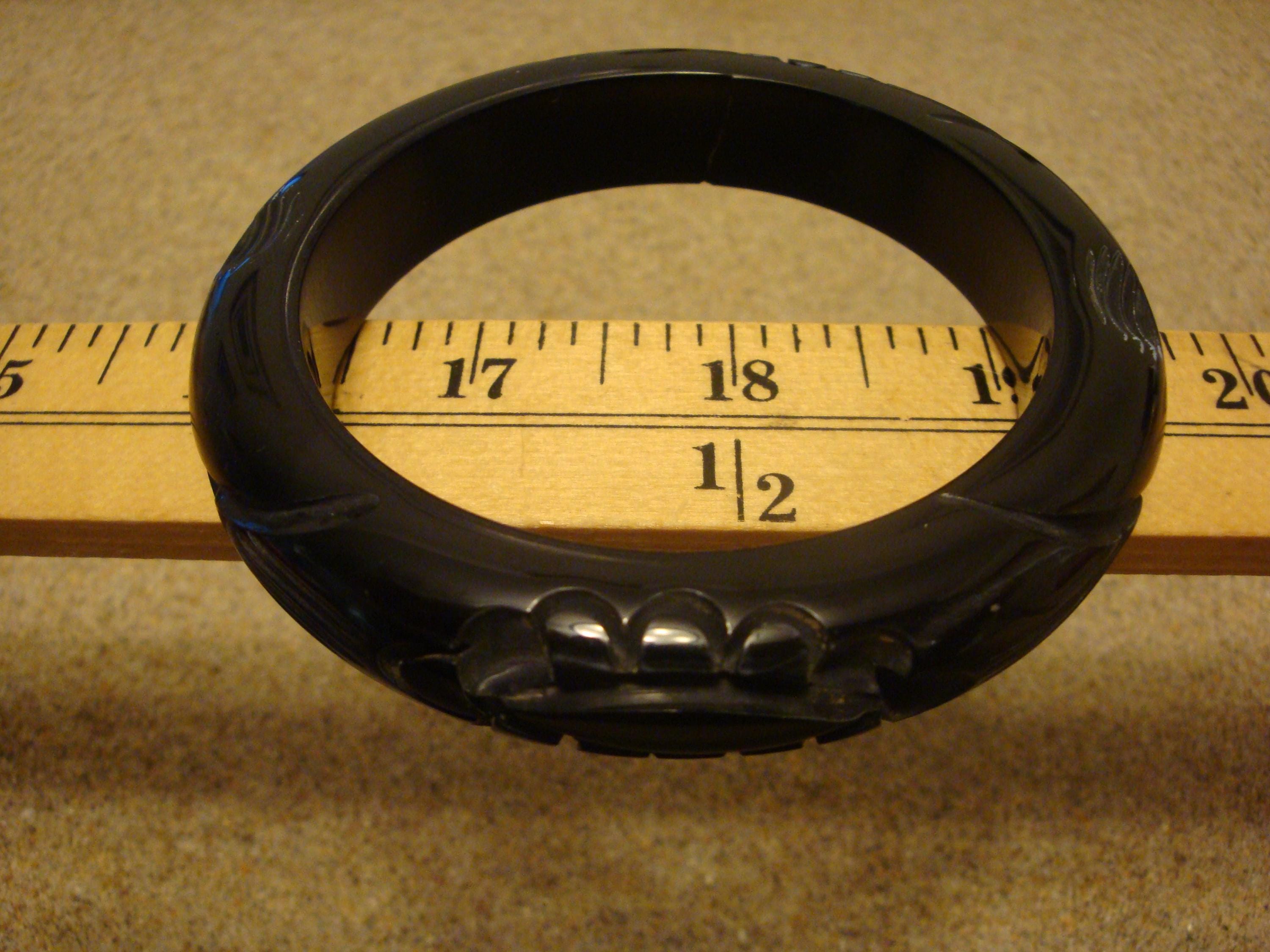 Imperfect Vintage 5/8" True Black Bakelite Bracelet! Abstract Flower Carvings!!