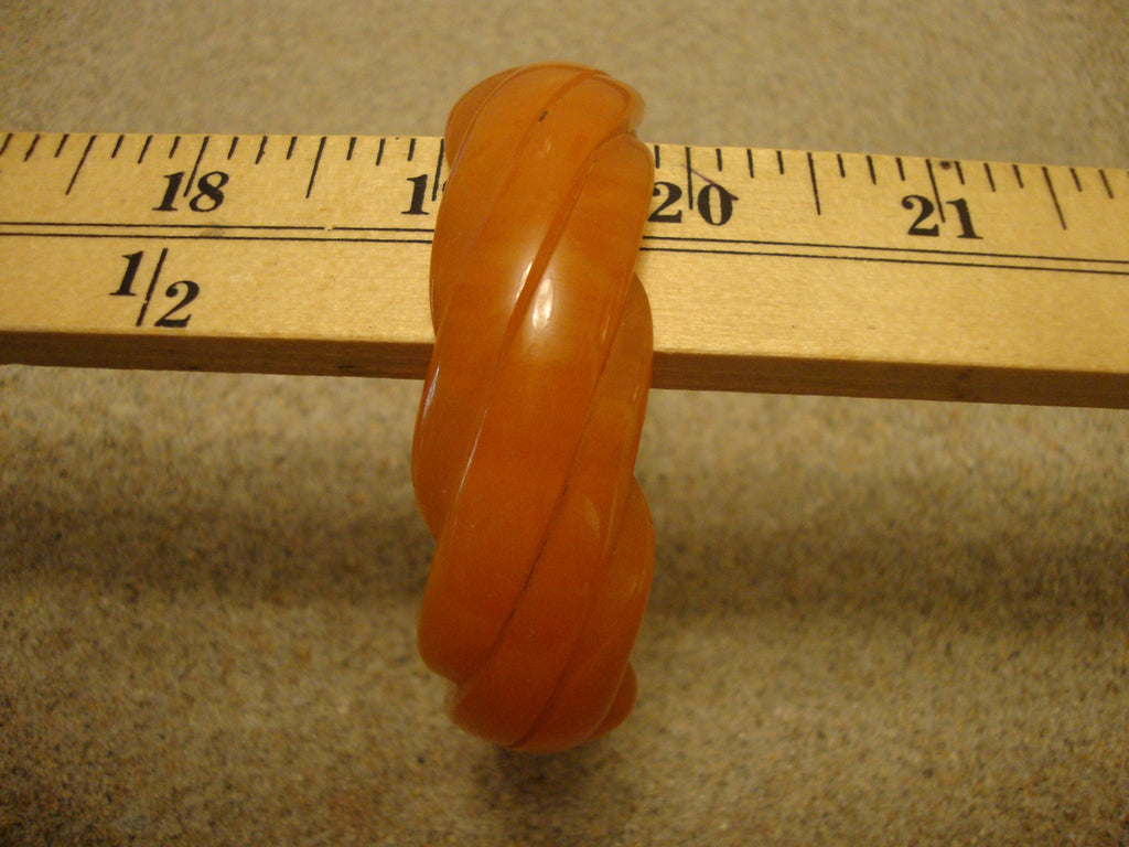 Vintage Semi Translucent Tangerine Bakelite Bracelet w/ Diagonal Slash Carvings!