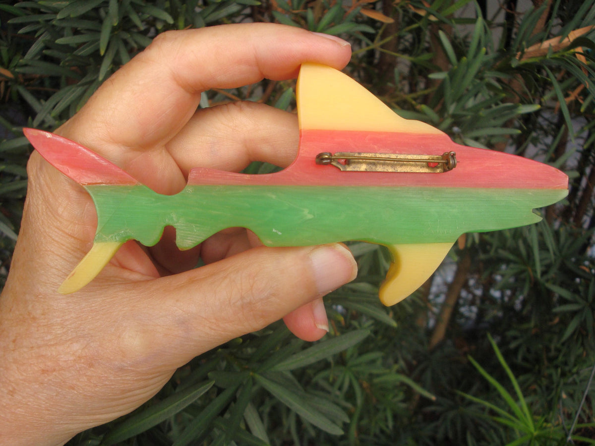 Rare Oversized Signed Shultz Shark Brooch! Bright Laminated Colors!