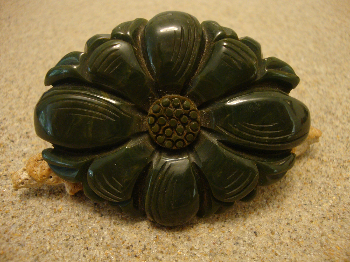 Vintage Marbled Green Bakelite Brooch: Carved Flower & Leaf Design
