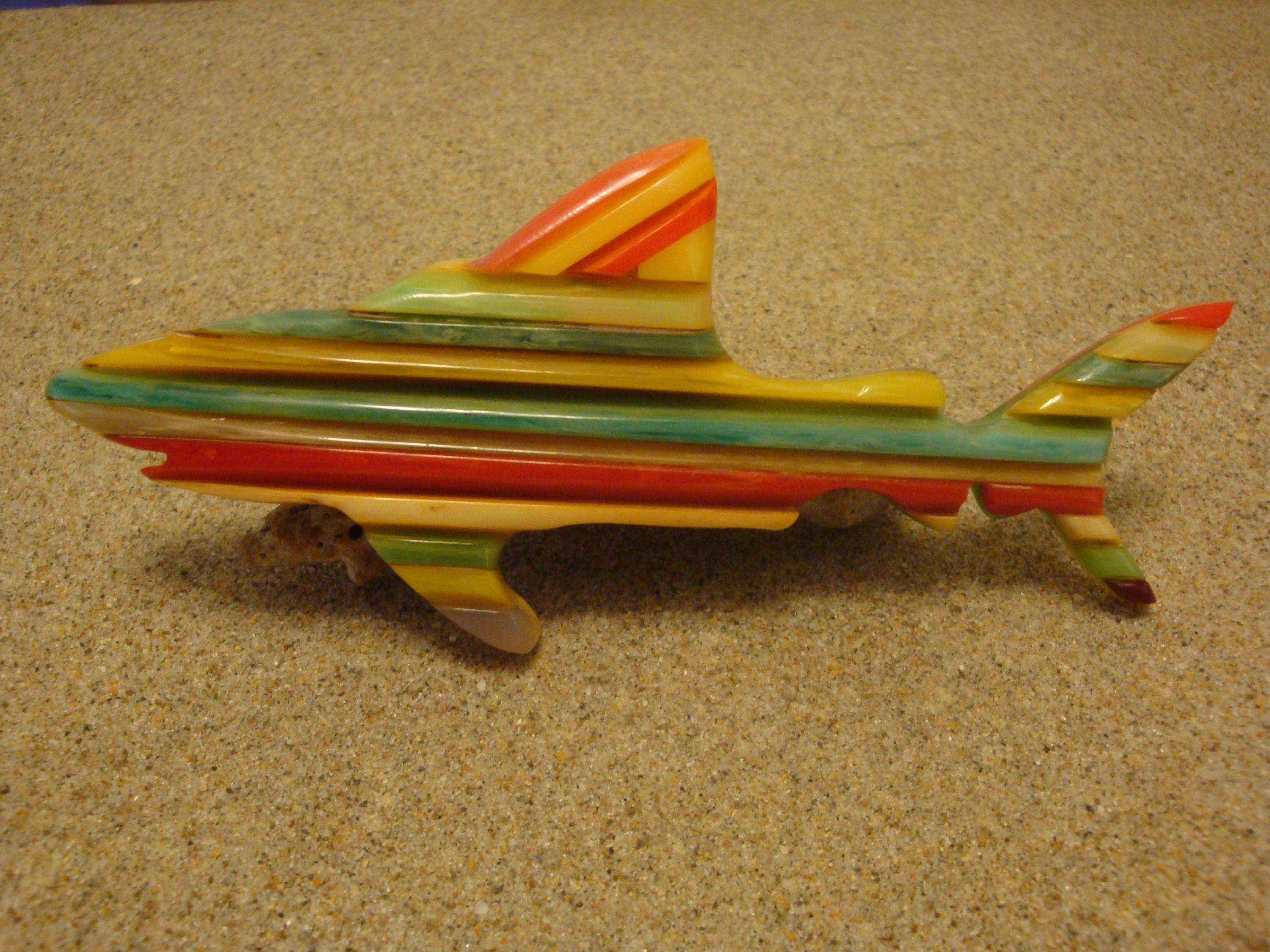 Rare Oversized Signed Shultz Shark Brooch! Bright Laminated Colors!