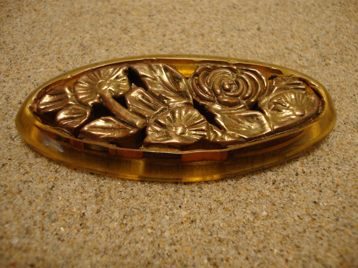 Rare Vintage Bakelite Brooch! Dichromatic Yellow w/ Gold Painted Rose Carvings!