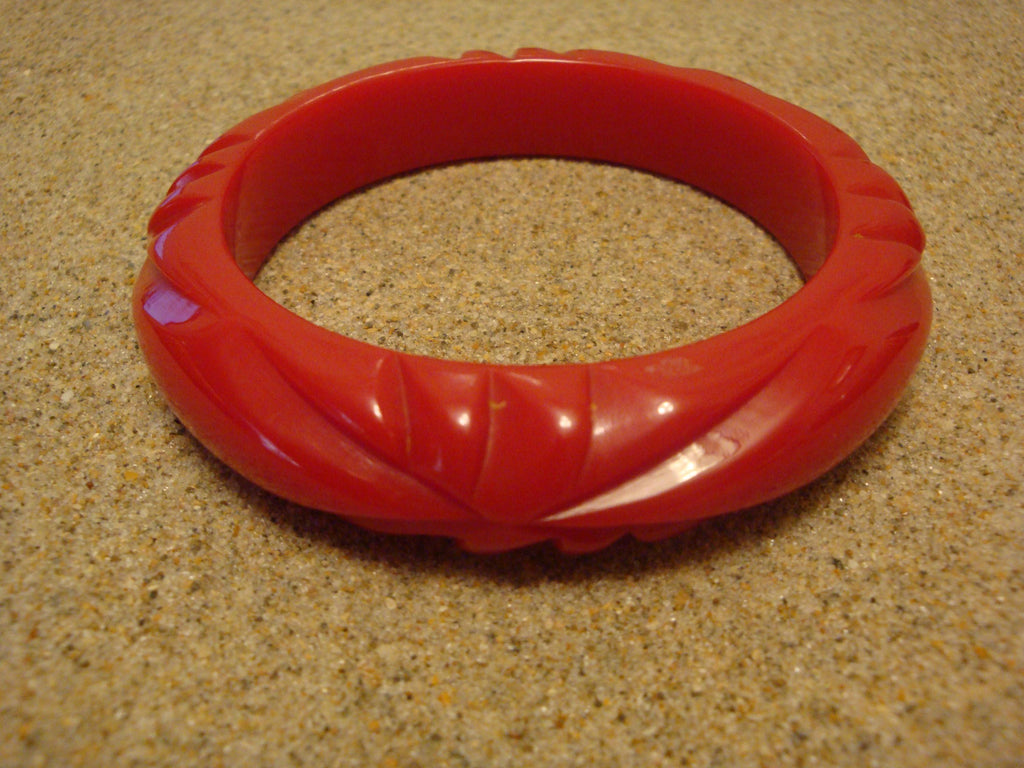 Vintage 5/8" Bakelite Bracelet! Bright Cherry Red; Four Abstract Flower Carvings!