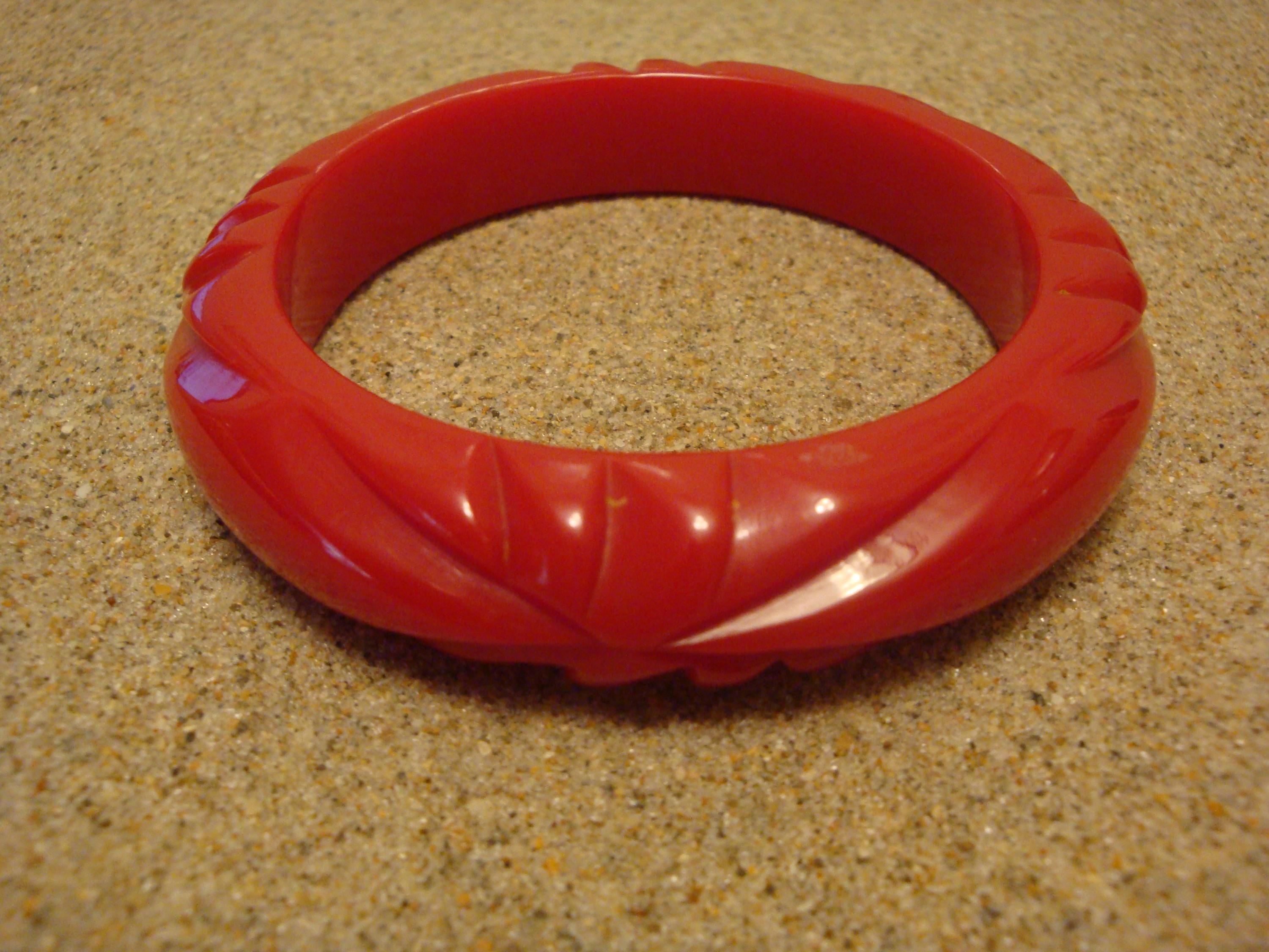 Vintage 5/8" Bakelite Bracelet! Bright Cherry Red; Four Abstract Flower Carvings!