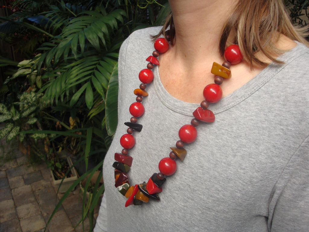 Unique 27" Artisan Bakelite Necklace! Round Red Beads w/ Multi Colored Chunks!