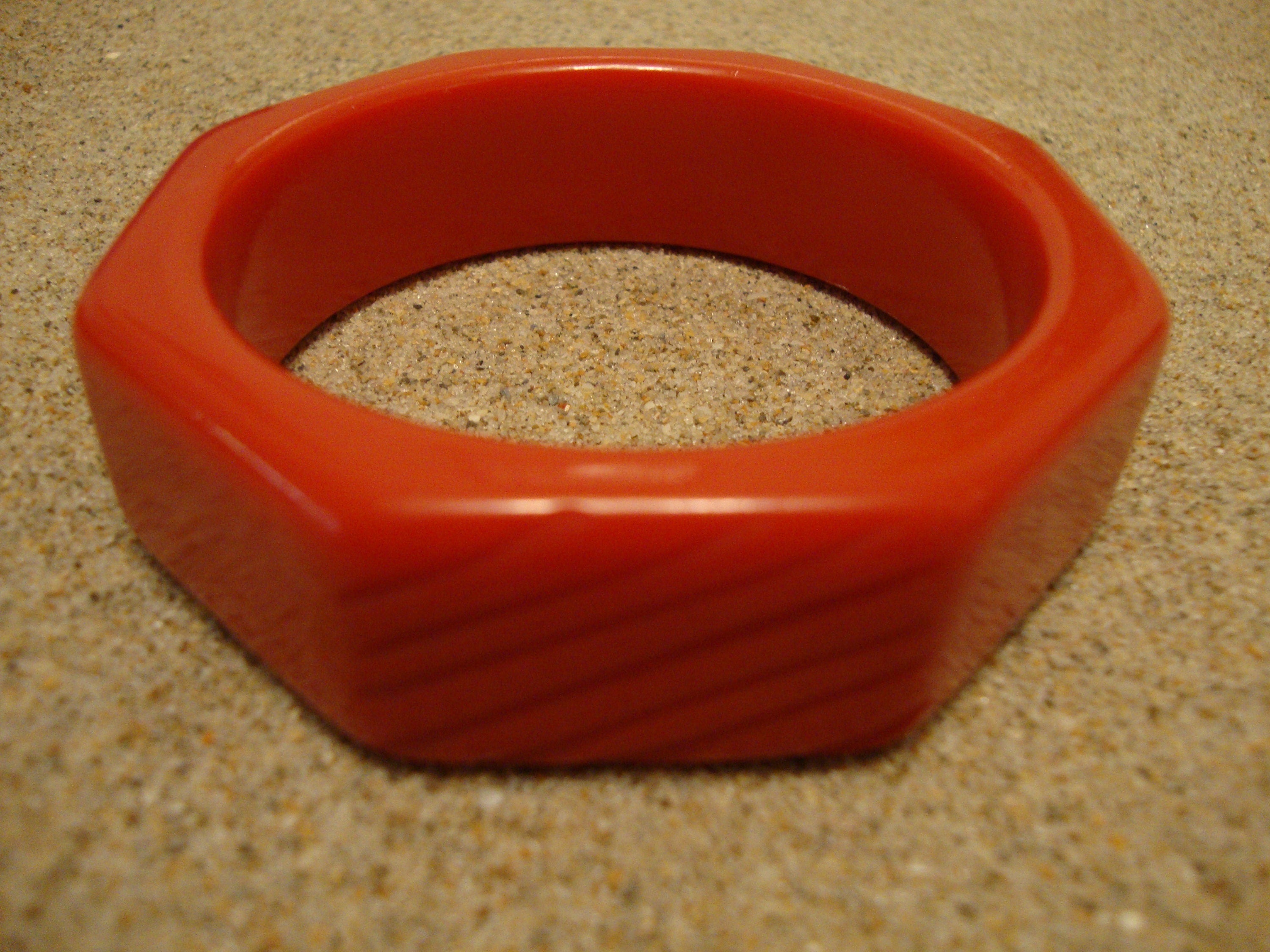 Vintage 7/8" Red Bakelite Bracelet! Octagon Shape w/ Diagonal Slash Carvings!