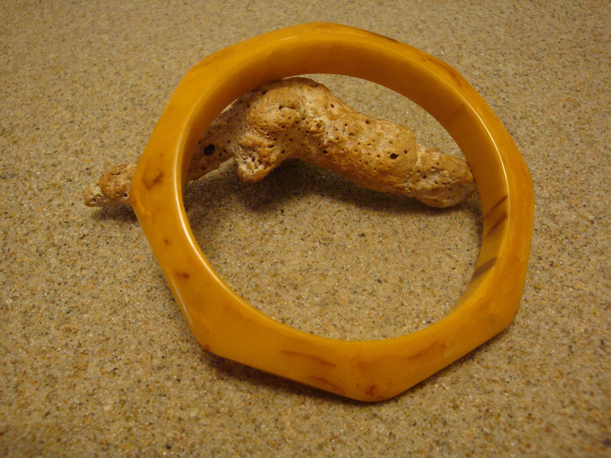 Vintage 1/2" Octagon Bakelite Bracelet; Butterscotch & Brown Colors; Beveled Edges!