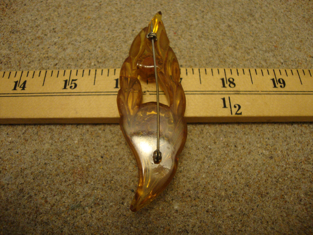Vintage Bakelite Brooch! Carved Leaf Design w/ Rhinestone & Ruby Red Cabochons!