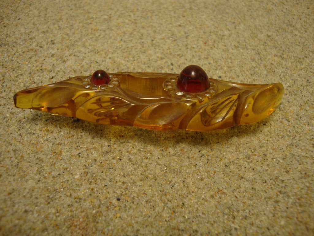 Vintage Bakelite Brooch! Carved Leaf Design w/ Rhinestone & Ruby Red Cabochons!