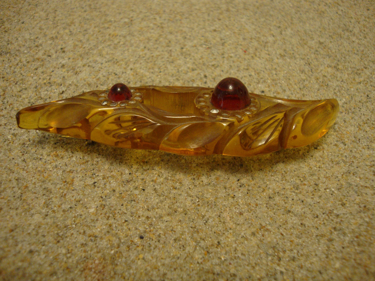 Vintage Bakelite Brooch! Carved Leaf Design w/ Rhinestone & Ruby Red Cabochons!