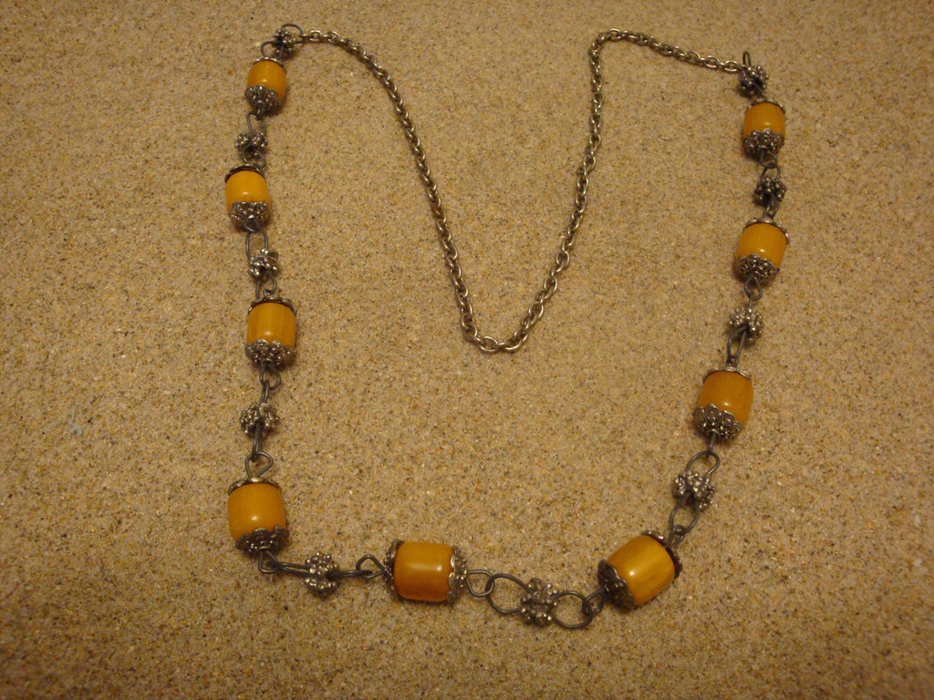 Vintage 33" Bakelite Necklace! Barrel Beads; Silvertone Chain, Settings Beads!