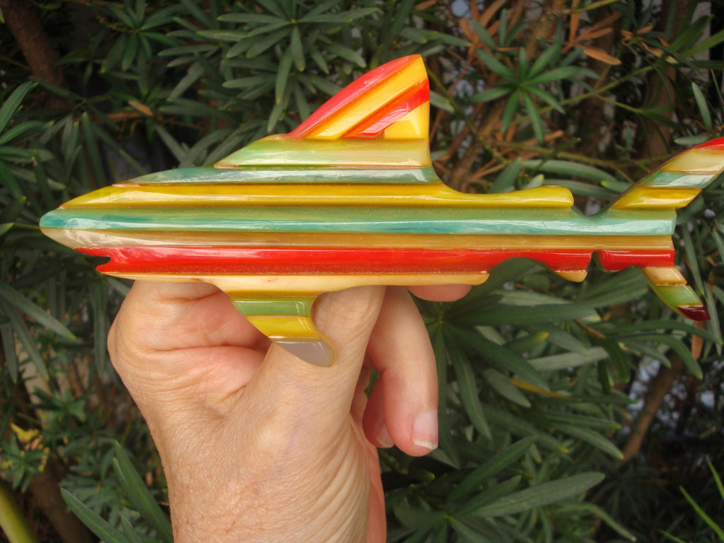 Rare Oversized Signed Shultz Shark Brooch! Bright Laminated Colors!