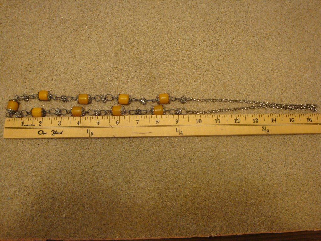 Vintage 33" Bakelite Necklace! Barrel Beads; Silvertone Chain, Settings Beads!