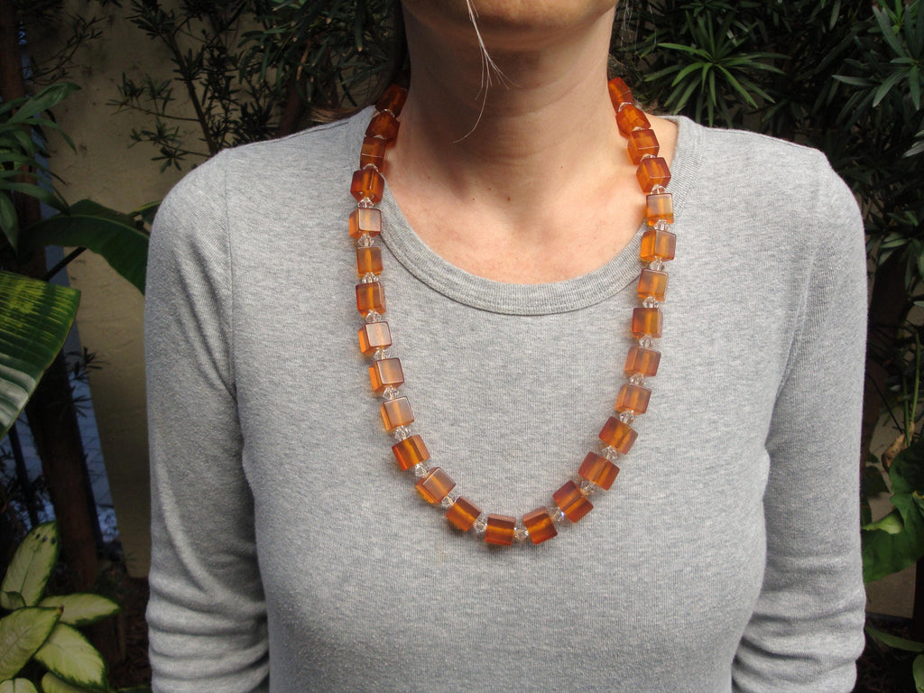 27" Bakelite Applejuice 1/2" Cube Necklace with Crystal Separation Beads! 105grams!!