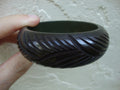Vintage Dark Green Bakelite Bracelet: Chunky Leaf Carved Bangle