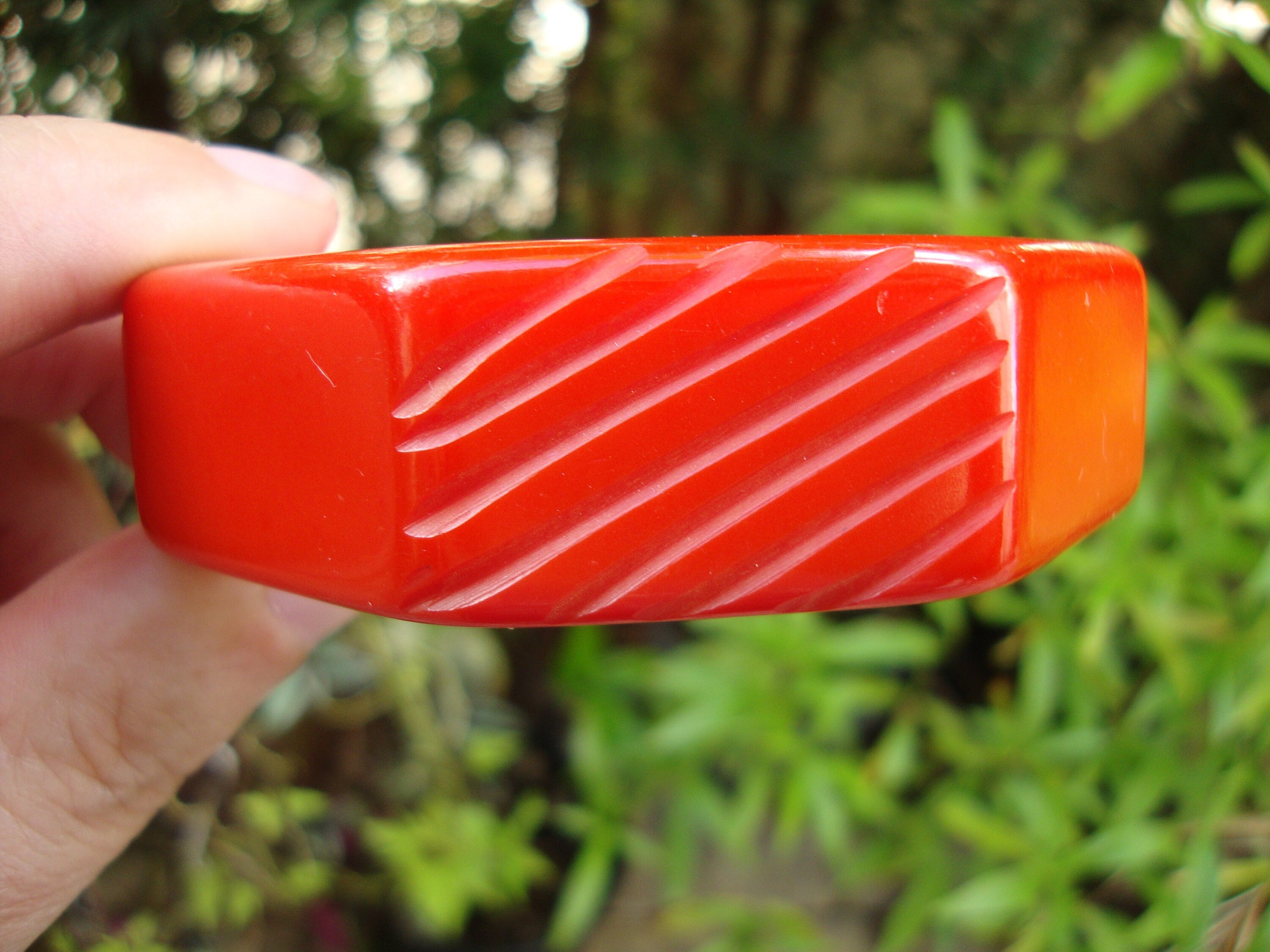 Vintage 7/8" Red Bakelite Bracelet! Octagon Shape w/ Diagonal Slash Carvings!