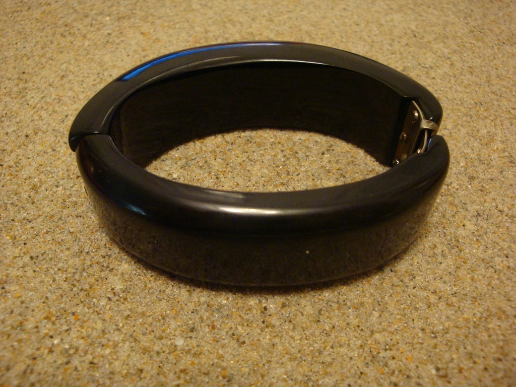 Art Deco Era True Black Bakelite Clamper Bracelet! Sleek Grooved Carved Design!