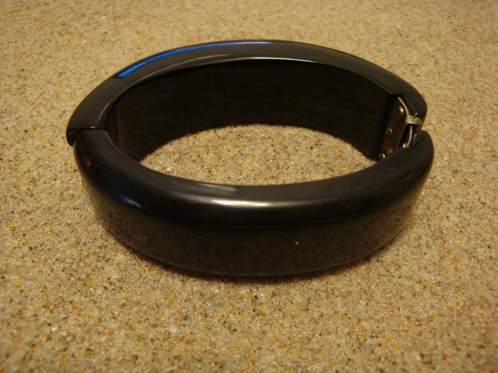 Art Deco Era True Black Bakelite Clamper Bracelet! Sleek Grooved Carved Design!
