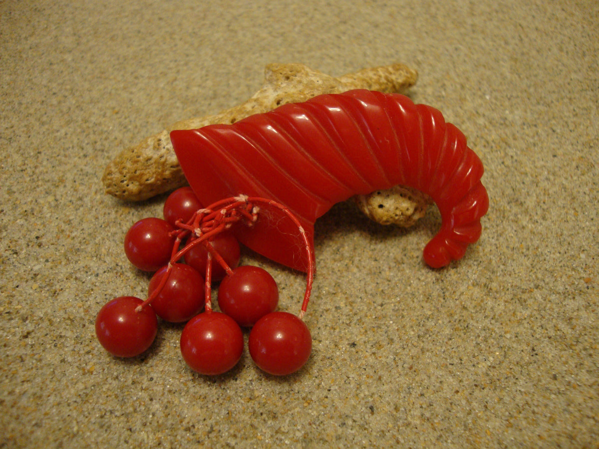 Vintage Red Bakelite Cornucopia Brooch w/ Eight Dangling Cherries!