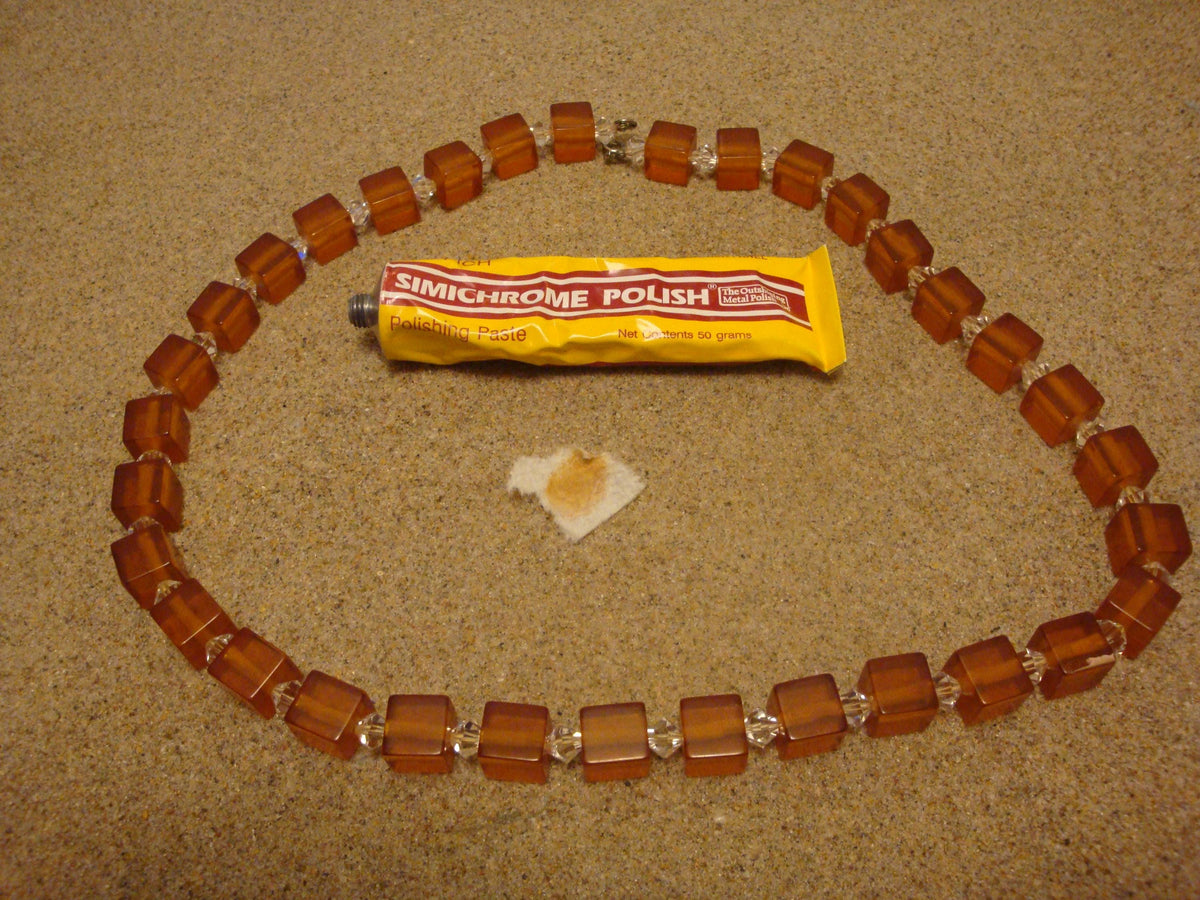 27" Bakelite Applejuice 1/2" Cube Necklace with Crystal Separation Beads! 105grams!!