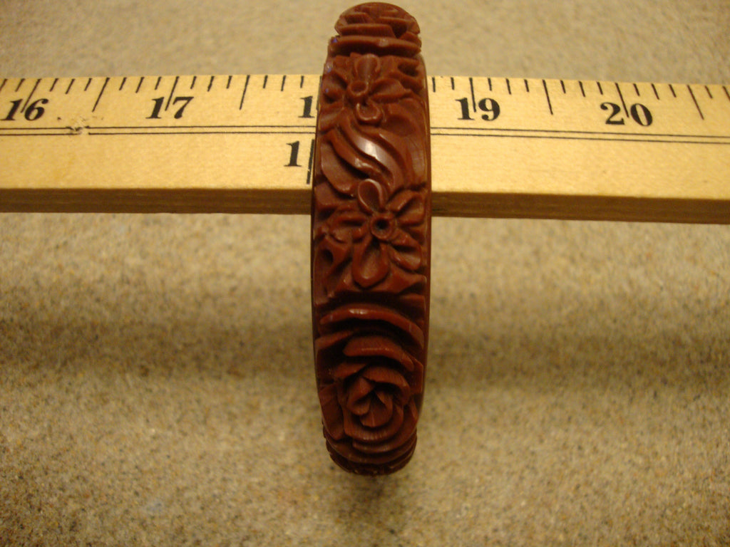 Vintage 5/8" Chocolate Brown Bakelite Bracelet! Heavily Carved Flower Designs!