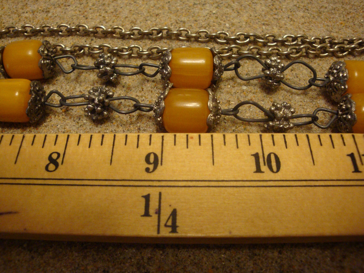 Vintage 33" Bakelite Necklace! Barrel Beads; Silvertone Chain, Settings Beads!