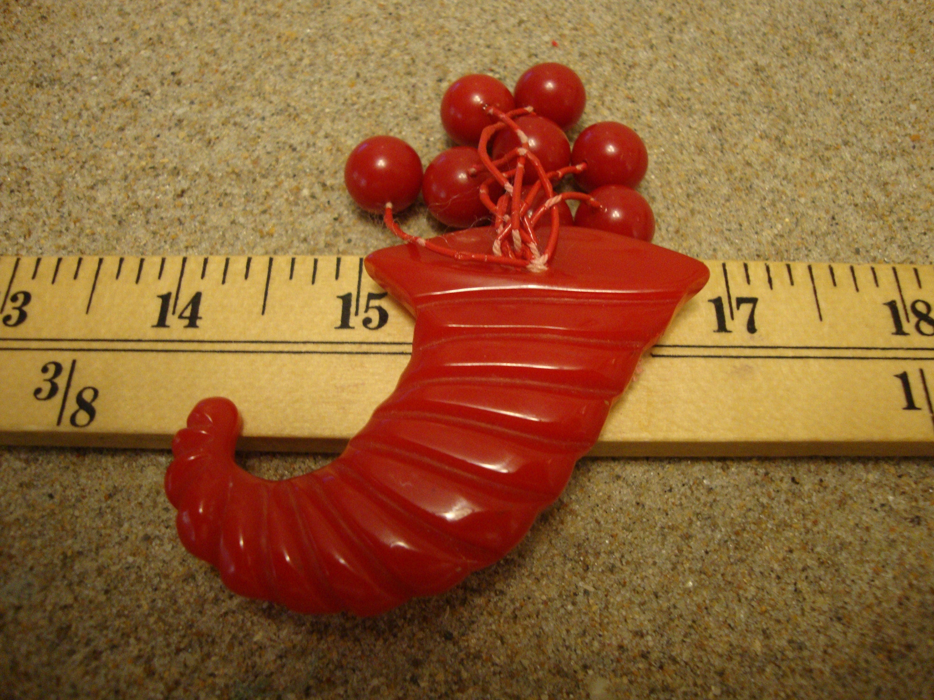 Vintage Red Bakelite Cornucopia Brooch w/ Eight Dangling Cherries!