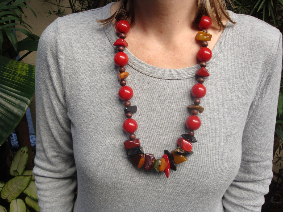 Unique 27" Artisan Bakelite Necklace! Round Red Beads w/ Multi Colored Chunks!
