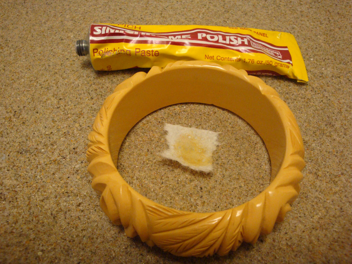 Vintage 1" Canary Yellow Bakelite Bracelet!  Four Lotus Flower & Leaf Carvings!!