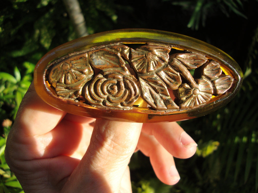 Rare Vintage Bakelite Brooch! Dichromatic Yellow w/ Gold Painted Rose Carvings!