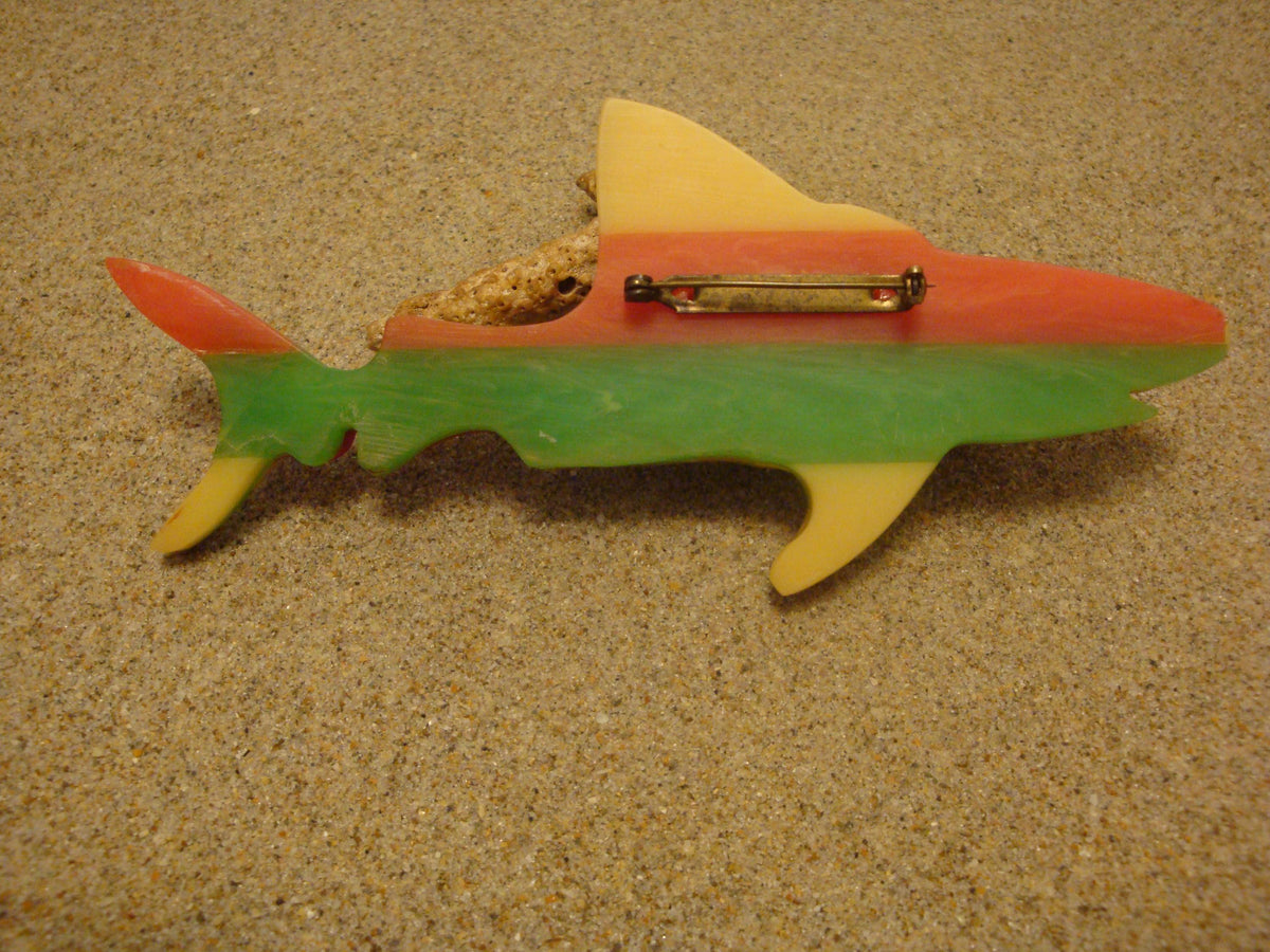 Rare Oversized Signed Shultz Shark Brooch! Bright Laminated Colors!
