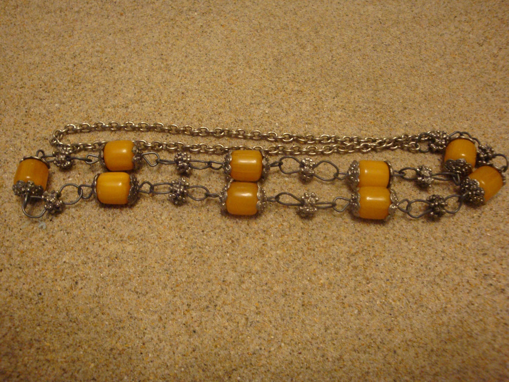 Vintage 33" Bakelite Necklace! Barrel Beads; Silvertone Chain, Settings Beads!