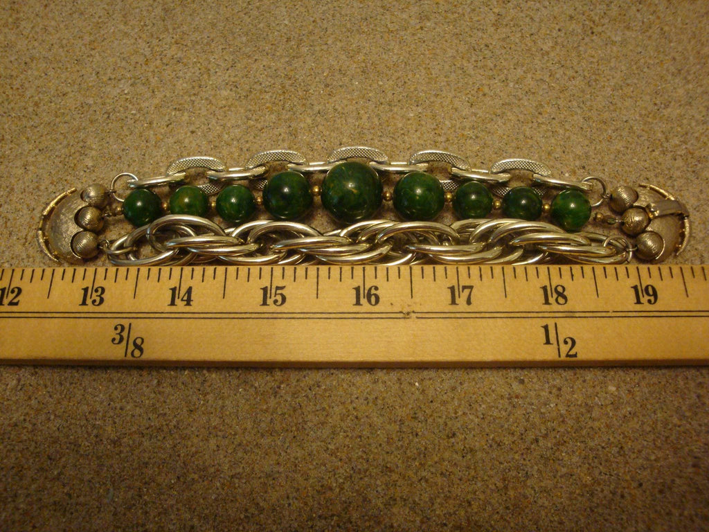 Vintage Marbled Green Bakelite Bead Bracelet with Silver-tone Chain