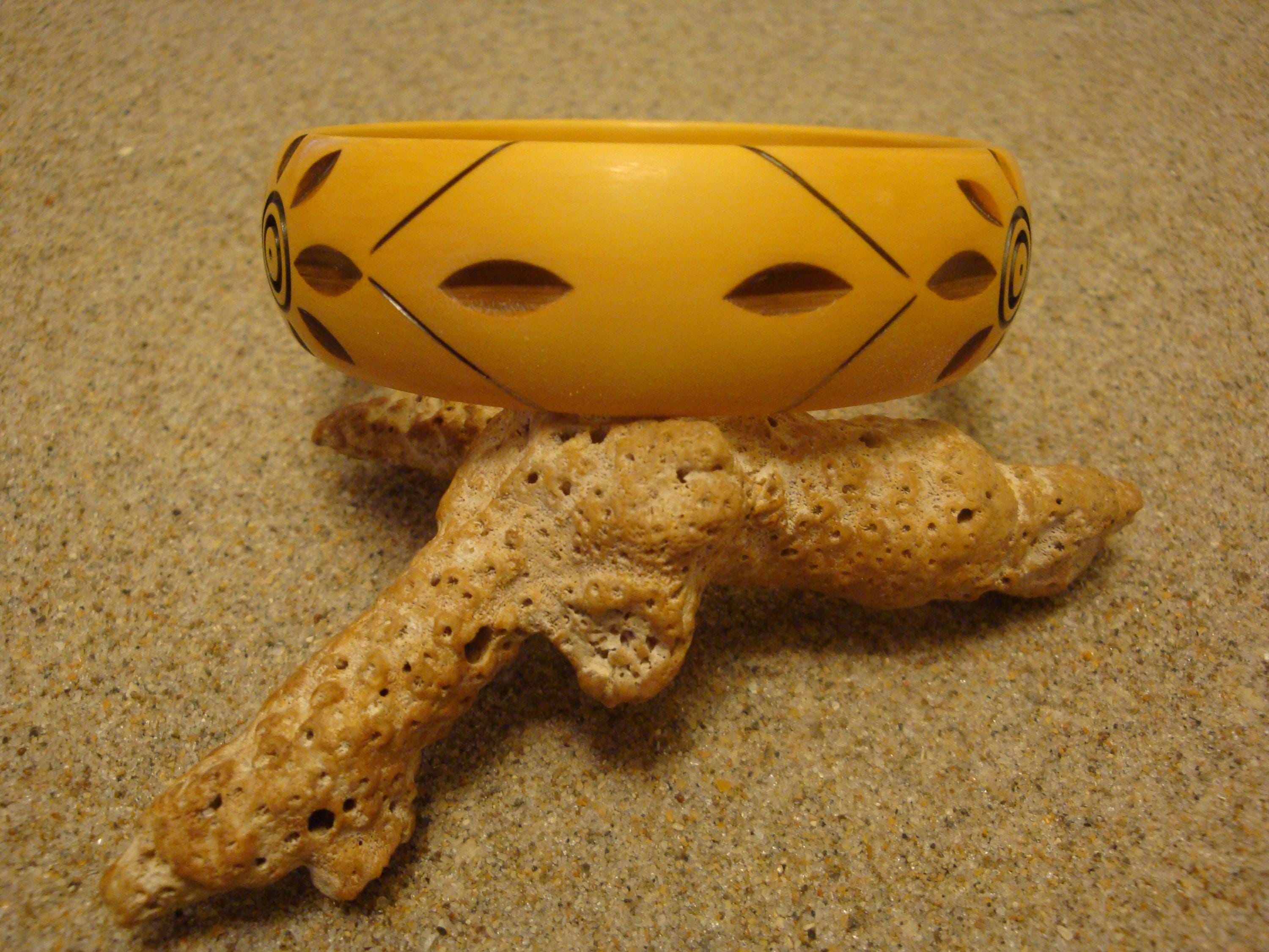 Vintage  7/8" Yellow Bakelite Bracelet w/ Three Overdyed Large Flower Carvings!