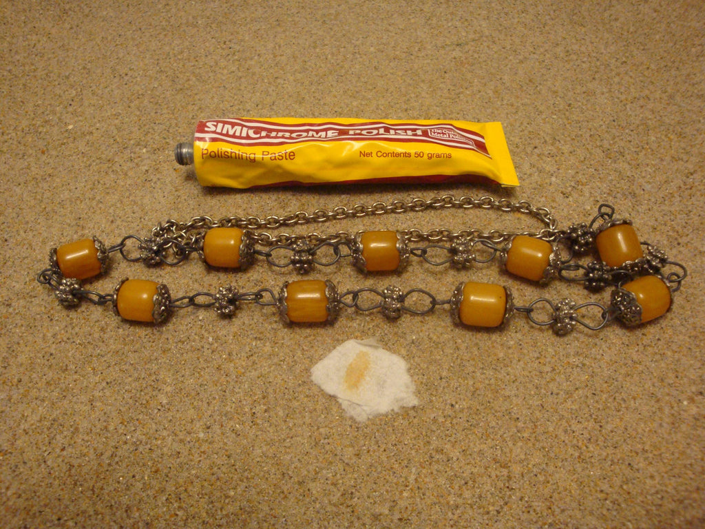 Vintage 33" Bakelite Necklace! Barrel Beads; Silvertone Chain, Settings Beads!