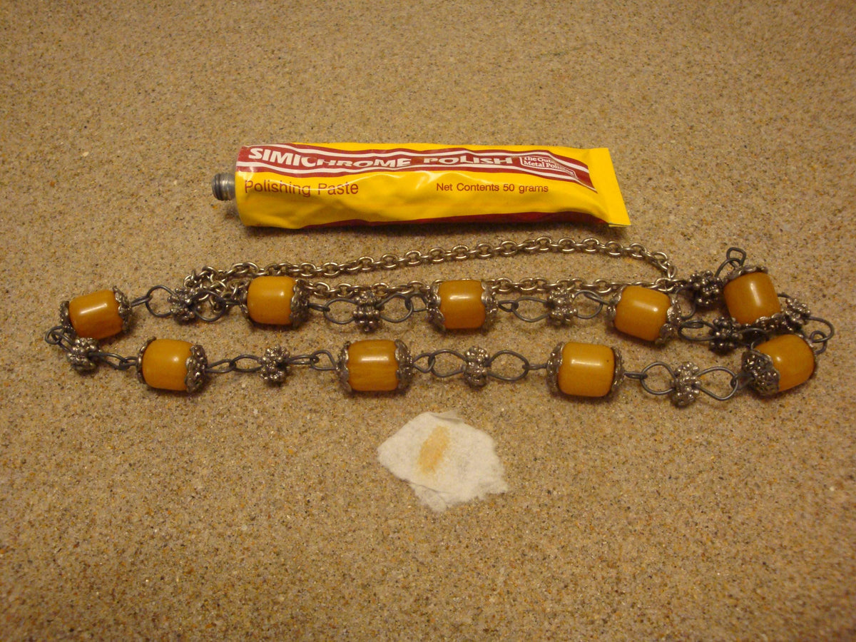 Vintage 33" Bakelite Necklace! Barrel Beads; Silvertone Chain, Settings Beads!
