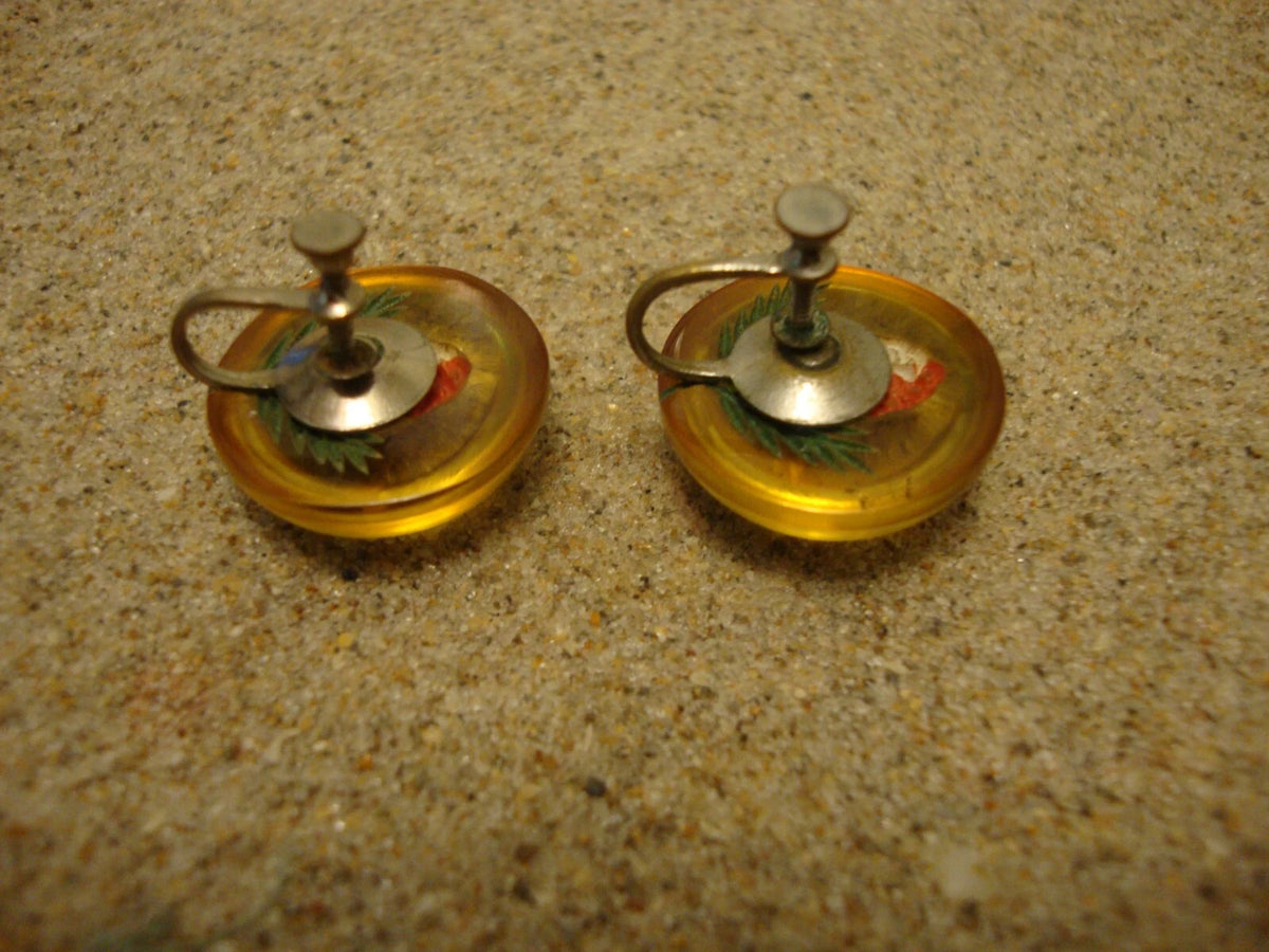 Vintage Bakelite 7/8" Reverse Carved Earrings! Beautiful Flower & Leaf Carvings!